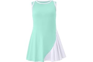 LIONJIE Girls Sleeveless Tennis Active Dresses with Shorts Kids Color Block Pleated Golf Pickleball Outfits with Pockets