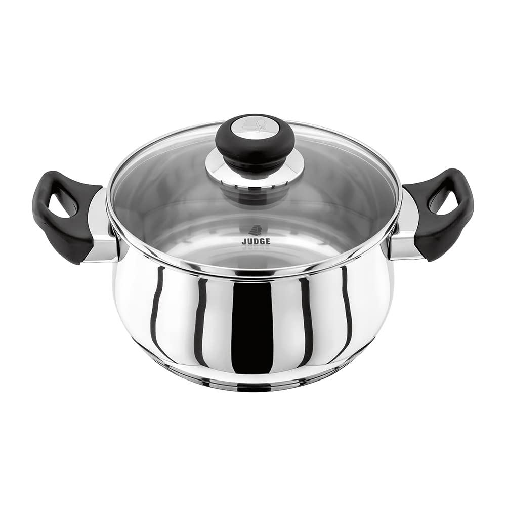 Judge Vista Stainless Steel Medium Casserole Pot with Twin Handles 20cm 2.4L, Shatterproof Vented Glass Lid, Induction Ready, Oven Safe, Silver