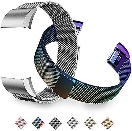 Tecson Metal Bands Compatible with Fitbit Charge 2 (Pack of 2), Stainless Steel Milanese Replacement Strap with Magnet Lock for Fitbit Charge 2 (Small(4.7"-8.7"), Colorful + Silver)