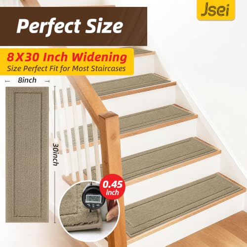 Non-Slip Stair Treads for Wooden Steps Indoor, 15 Pack 8" X 30" Edging Stair Rugs with TPE Backing,0.45" Thick Carpet Stair Treads for Kids Elders & Pets, 100% Polyester Soft Stair Runners, Beige