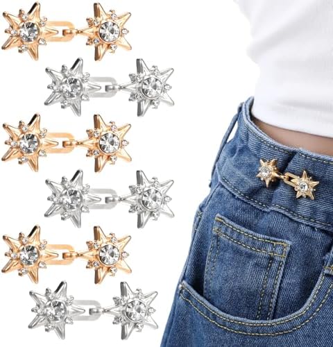 Xindojuz 6 Sets Waist Tightener Clips for Women, Adjustable Rhinestone Star Jeans Waist Pins Buttons, Detachable No Sewing Crystal Star Trouser Clips Buckles for Loose Pants Skirt (Silver, Gold)