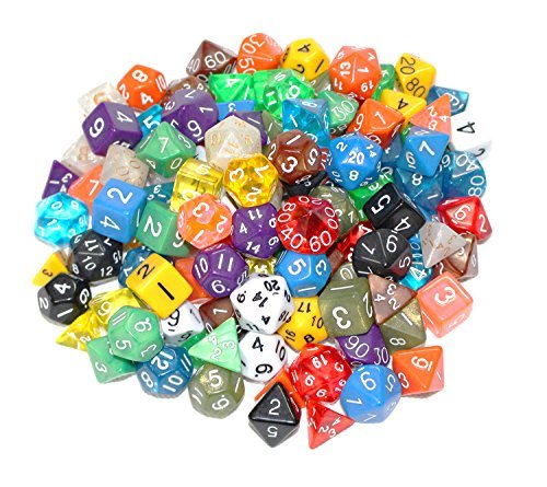 100+ Pack of Random Polyhedral Dice in Multiple Colors | At Least 15 Complete Sets | 4 Sided, 6 Sided, 8 Sided, 10 Sided, 12 Sided, 20 Sided and Percentile Dice Included |At Least 15 Color | Large Durable Velvet & Satin Dice Bag Included