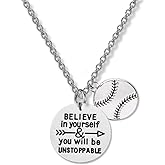Softball Necklace, "Believe in Yourself & You Will Be Unstoppable" Inspirational Pendant with Softball Charm, Dainty Sports Jewelry & Gifts for Players