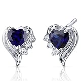 Created Sapphire Heart Earrings Sterling Silver Rhodium Nickel Finish 1.50 Carats