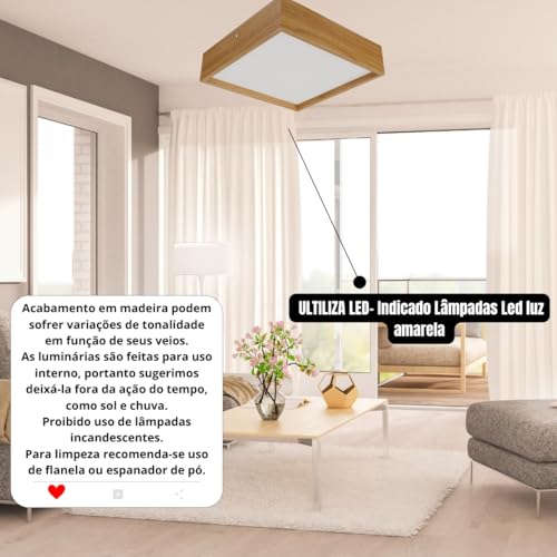 Luminária de Madeira Plafon Teto Quadrado Sobrepor 30cm Freijó Acrílico Branco Leitoso para Sala Quarto Cozinha