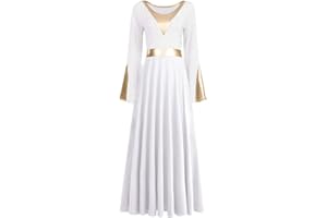 IMEKIS Women Metallic Color Block Liturgical Praise Dance Dress Bell Long Sleeve Lyrical Dancewear Gowns Worship Costume