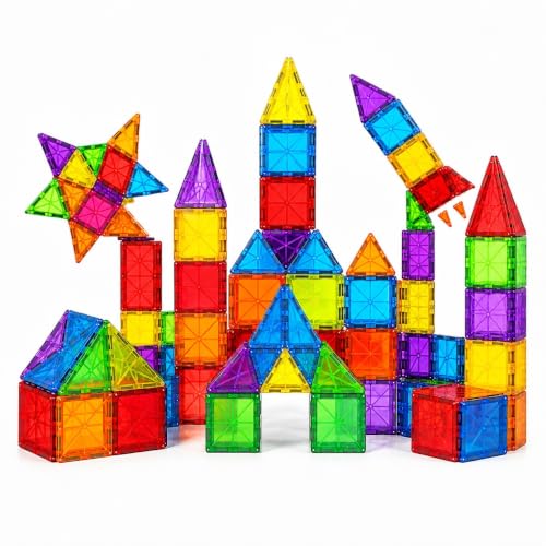 Blocos Magneticos Infantil de Montar Peças, Brinquedo Educativo Construção Infantil 2D, 3D, Jogo Pedagógico para Coordenação Motora, Raciocínio Lógico, Criatividade e Aprendizado STEM (56 peças)