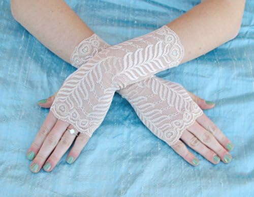 Taupe Nude Lace Fingerless Gloves Vines Leaves