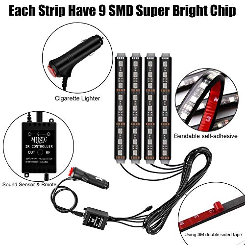 Interior Car Lights, YANF Car LED Strip Lights 4pcs 36 LED Under Dash Lighting Kit Multicolor Music Car Strip Light with Sound Sensor and Wireless Remote Control, DC 12V