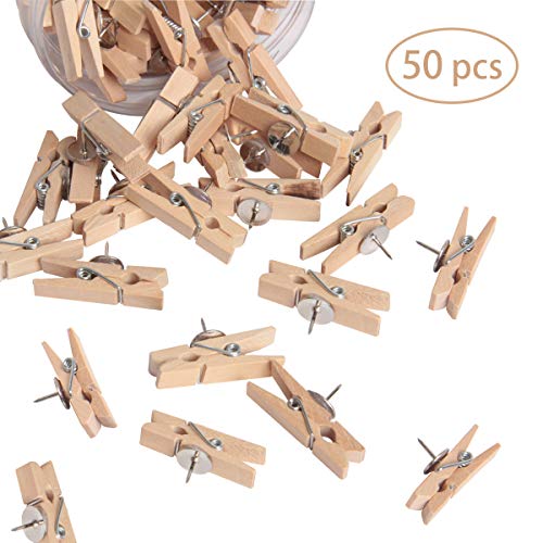 HAPY SHOP 50 Pieces Push Pins with Wooden Clips Pushpins Tacks Thumbtacks for Cork Boards Artworks, Notes Photos, Craft Projects, Offices and Homes Wall Decoration, Wood