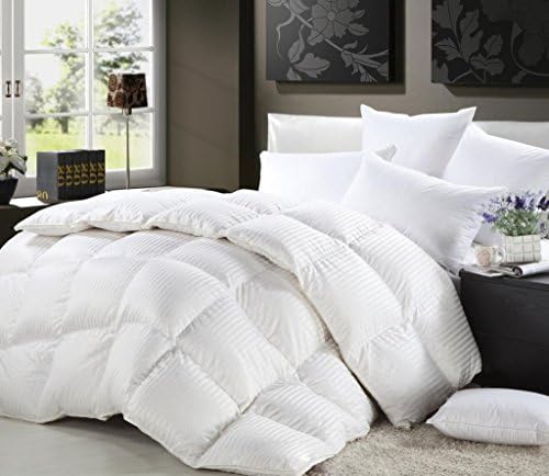 California (Cal) King Size Luxurious 1000 Thread Count Siberian Goose Down Comforter, 100% Egyptian Cotton Cover, Damask Stripe White Color, 750 Fill Power, 50 Oz Fill Weight