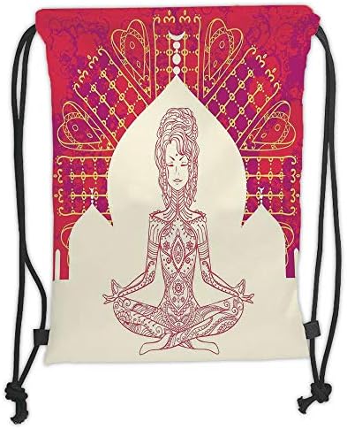 GONIESA Drawstring Sack Backpacks Bags,Chakra,Eastren Deity Inspired Lady doing Yoga Motif on Bohemian Grungy Look Backdrop Print Decorative,Red Beige Soft Satin,5 Liter Capacity,Adjustable Str
