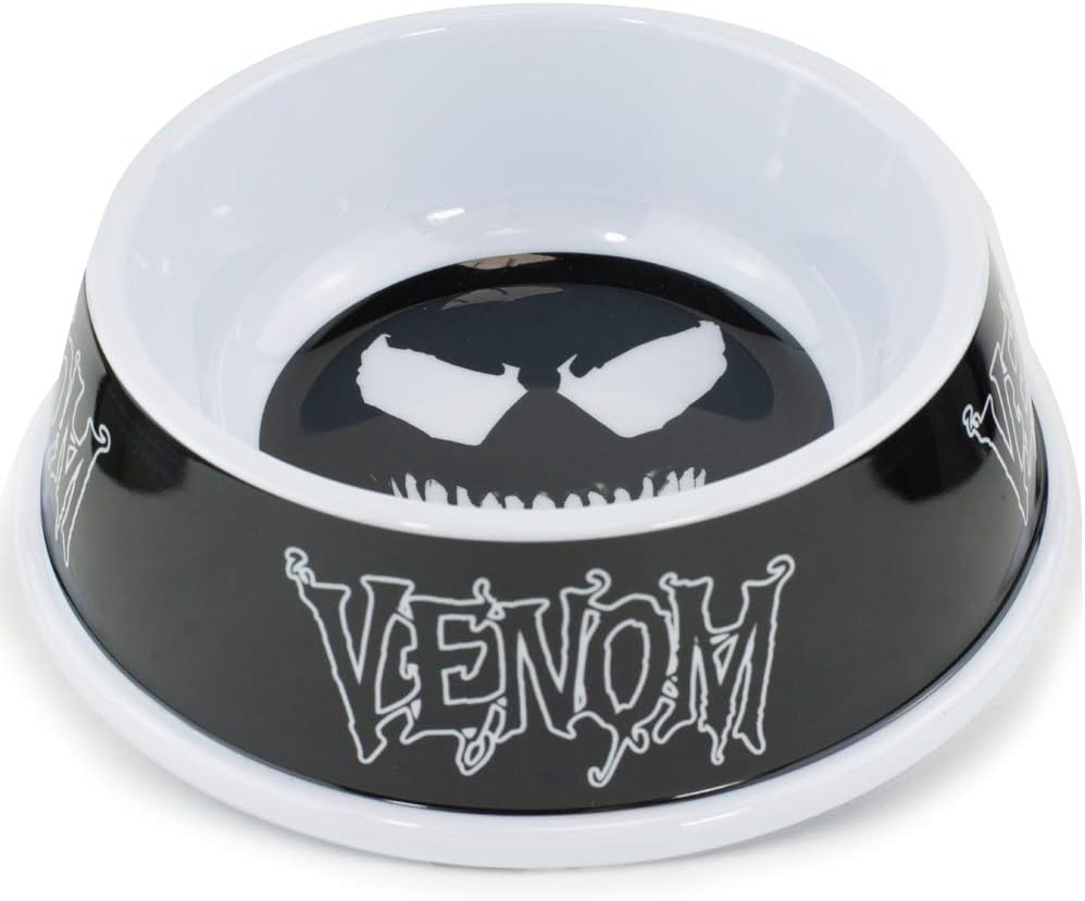 Buckle-Down Dog Food Bowl Venom Face Icon Text Black Grays White 16 Ounces