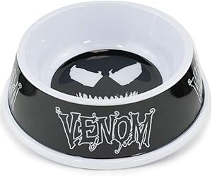 Buckle-Down Dog Food Bowl Venom Face Icon Text Black Grays White 16 Ounces