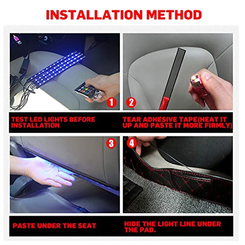 Car LED Strip Light, 4pcs 72 LED DC 12V 16 Color RGB Music Car Interior Light LED Under Dash Lighting Kit with Sound Active Function and Wireless Remote Control, Car Charger Included
