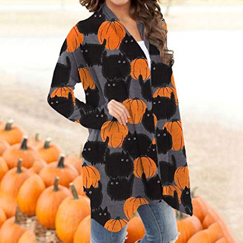 Women\'s Halloween Cardigan Casual Cat Pumpkin Animal Print Long Sleeve Open Front Loose Plus Size Outerwear Autumn