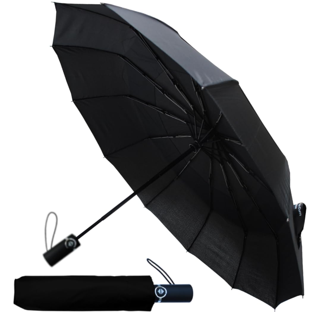 Rare 12 Rib Compact Small Umbrella - 50MPH Strong Windproof Umbrella Folding Foldable Frame - Vented Canopy - Best for Auto Open and Close - Black - Men Women