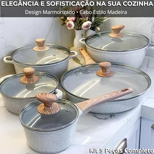 Conjunto de Panelas de Cerâmica Antiaderente Revestido de Granito, 5 Peças, Cozinha Saudável, Livre de PFOA (Branco)