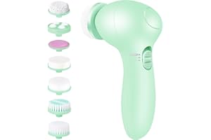 Facial Cleansing Brush 7 in 1 Face Wash Brush - Fabuday Face Spin Scrub Brushes for Skin Cleansing, Gentle Exfoliator, Blackhead Removing and Massaging, Battery Operated Face Brush Cleanser - Green