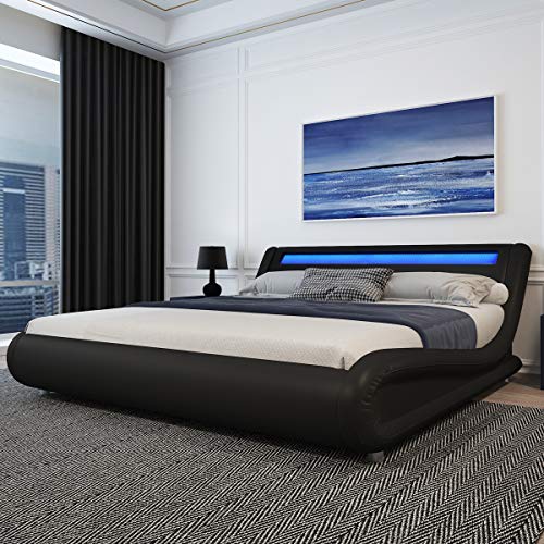 Amolife Upholstered Queen Bed Frame with Adjustable LED Lights Headboard/Deluxe Solid Modern