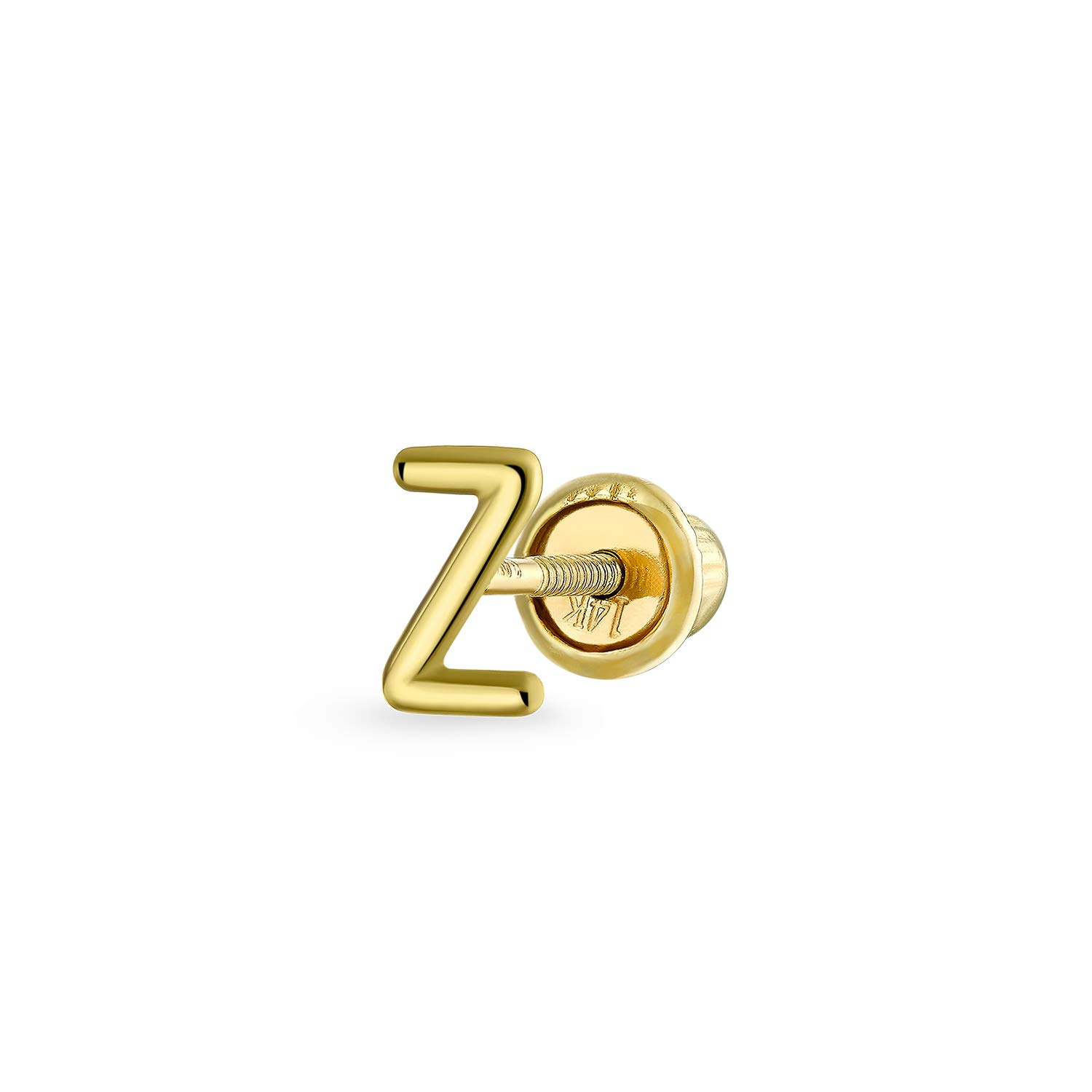 ABC Minimalist Real Yellow 14K Gold Capital Block Alphabet Letter Initial Z Cartilage Ear Lobe Piercing 1 Piece Stud Earring Screw Back For Teen Women Men