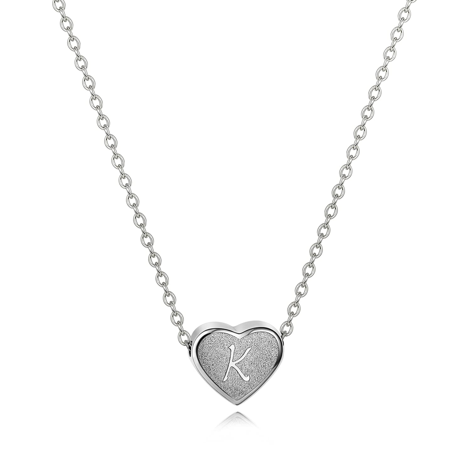 CHENGMEN Initial Necklace Alphabet Letter K Engraved Tiny Cute Matte Heart Pendant White Gold Plated Stainless Steel Silver Necklaces Unique Jewellery for Women Girls