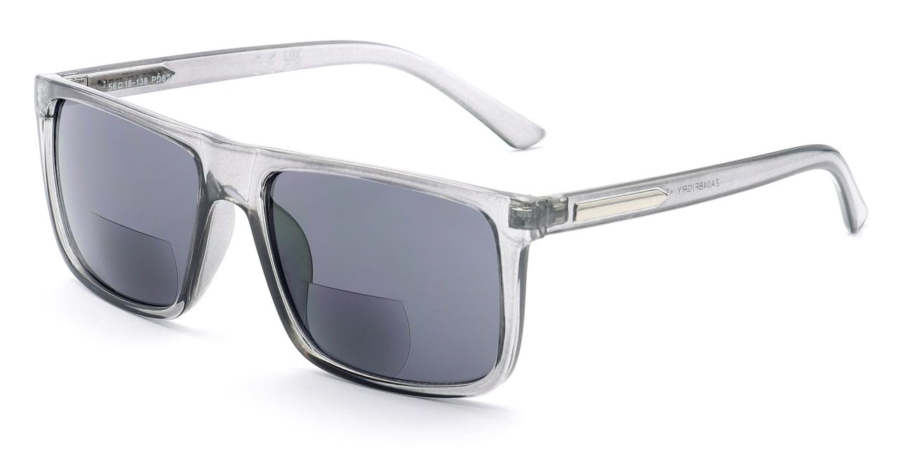 ZAVISH Bifocal Reading Sunglasses Sun Readers Tinted Glasses Mens Classic Square Designer Translucent Grey Frame UV400 Grey Lens & Case +2.25