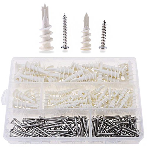 Hilitchi 200 Pieces 2 Size Plastic Self Drilling Drywall and Hollow-Wall Anchors with Tapping Screws Assortment Kit
