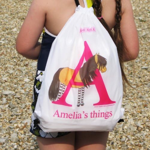 Little Folk Personalised Drawstring Swimming, Grooming Kit Bags for Girls & Boys - Tinker the Little Shetland Pony from the Alphabet Range