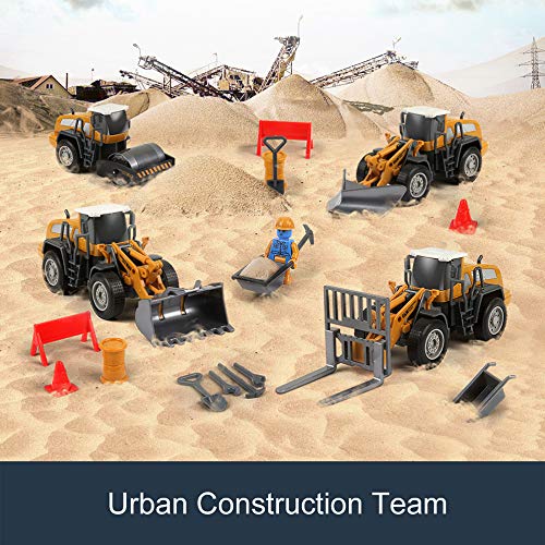 4-in-1 Take Apart Die Cast Car Toys,Construction Equipment Trucks Set with Equipment Vehicles, Builder, Roadblock, Cones and Accessories ,Pretend Engineering Game for Boys Girls Toddlers Kids - Thumbnail 5