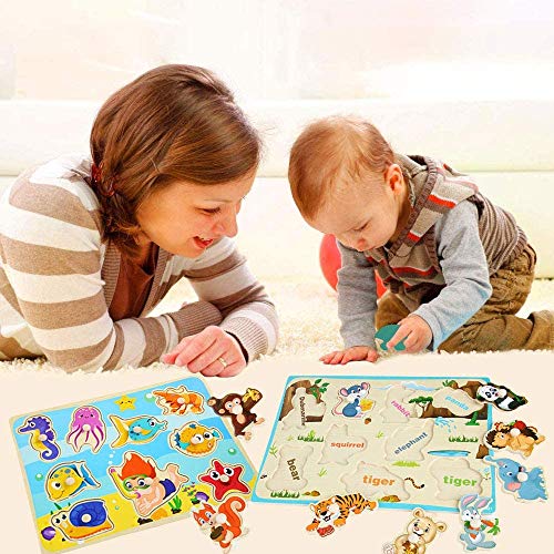 Wooden Peg Puzzles for Toddlers 24 Years Old,6 Pcs Puzzles Set Babies
