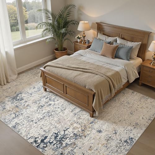 DMOYEST Washable Rugs Living Room 200x300cm - Large Abstract Neutral Modern Soft Non Slip Low Pile Kid Pet Friendly Carpet for Bedroom Dining Home Office - Beige/Blue