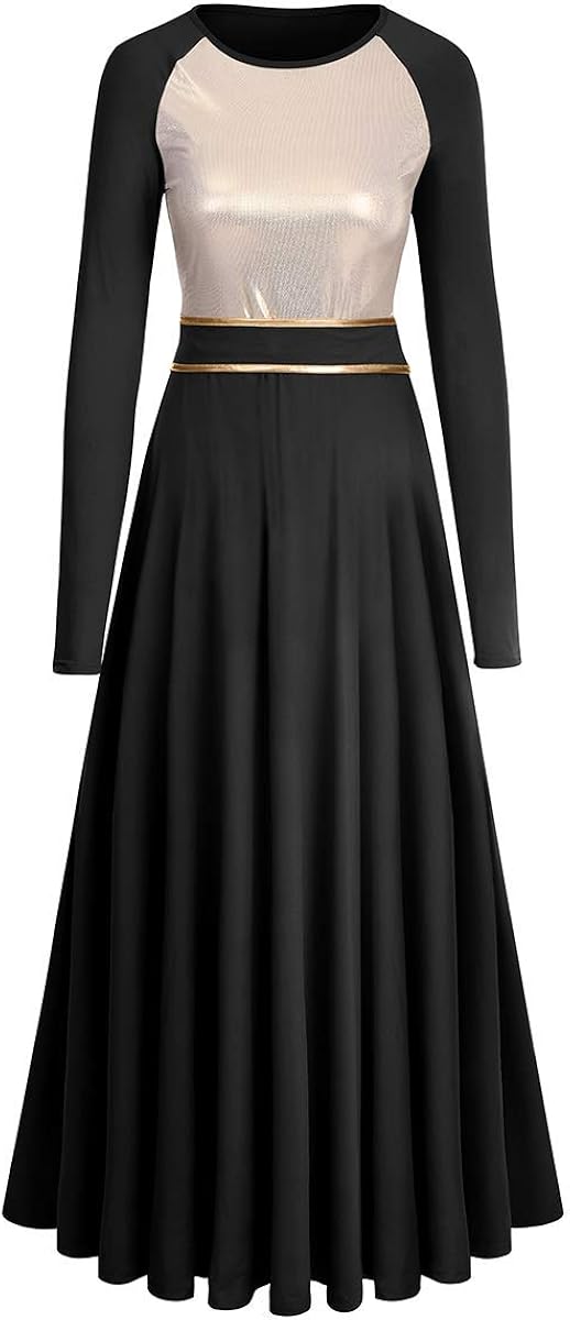IBAKOM Women Metallic Gold Liturgical Praise Dance Worship Dress Color Block Long Loose Fit Full Length Church Robe Dancewear: Clothing