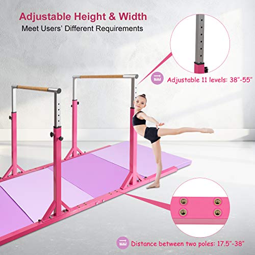 Costzon Double Horizontal Bars, Junior Gymnastic Training Parallel Bars w/ 11-Level 38-55" Adjustable Heights, Converted Single Bar, 264lbs Capacity, Ideal for Indoors, Outdoors, Home Practice (Pink)