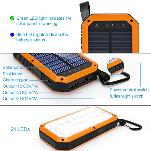 dostyle Solar Charger, 8000mAh Portable Solar Power Bank External Backup Battery Pack 3 USB Ports Solar Phone charger with 21 LED light for iPhone, Samsung Galaxy & other Android Smart Devices Orange