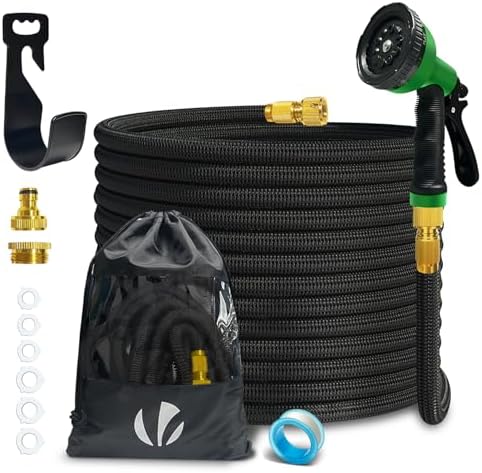 Flexibler Gartenschlauch 15 m, Flexibel Wasserschlauch Dehnbarer mit 10 Sprühfunktionen, 1/2 Zoll und 3/4 Zoll Messinganschlüssen, Aufbewahrungstasche inklusive, Schwarz