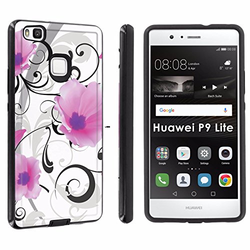 [POPCulture] RUGGED CASE For Huawei P9 Lite [Black/Black] RUGGED ShockProof Resistant Phone Cover Case - [Swirl flower] Print Design