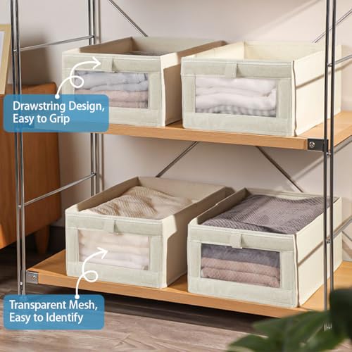 Niviy 4 x Foldable Cotton and Linen Fabric Clothes Storage Box with Transparent Window for Shelf, Laundry, Toys, Books 41 x 28 x 17 cm Beige