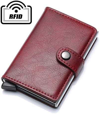 Credit Card Holder RFID Blocking Wallet Slim Wallet PU Leather Vintage Aluminum Business Card Holder Automatic Pop-up Men and Women Card Case Wallet EDC（Red）