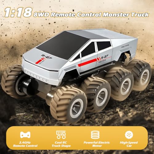 Amphibious Remote Control Car, 8WD 2.4GHz 1:18 Electric Vehicle Toy Off-Road Monster Truck with 2 Batteries, Waterproof Omni-Direction High-Speed Pickup All Terrain RC Jeep Gift for Boy Girl Age 8+