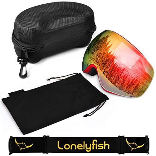 Ski Goggles, Frameless Snowboard Goggles Interchangeable Double Lens with Elastic Strap&Protective Case for Men Women - Anti Fog, 100% UV400 Protection, FDA & CE Approved Red(VLT25.4%)