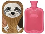 HomeTop Classic Rubber Hot Water Bottle with Cute Fleece Sloth Cover for Cramps and Pain Relief (Mr. Sloth/Red)