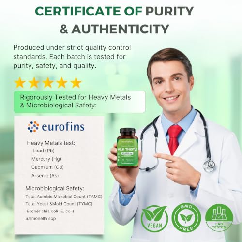 Milk Thistle High Strength 10000mg | 400mg Silymarin per Capsule | 90-Day Supply | with Black Pepper | Vegan Herbal Food Supplement | Lab Tested