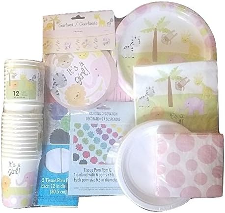 Baby Shower Party Decoration Set for Girl. All-in-One Bundle Kit with"It's a Girl" Plates, Napkins, Garland. Animal Cups & Table Cloth Included.