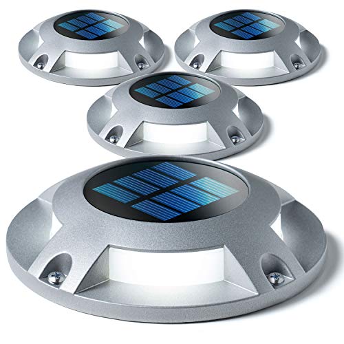 Home Zone Security Solar Deck Lights – Outdoor Solar Dock and Driveway Path Lights, Weatherproof with No Wiring Required, Silver (4-Pack)