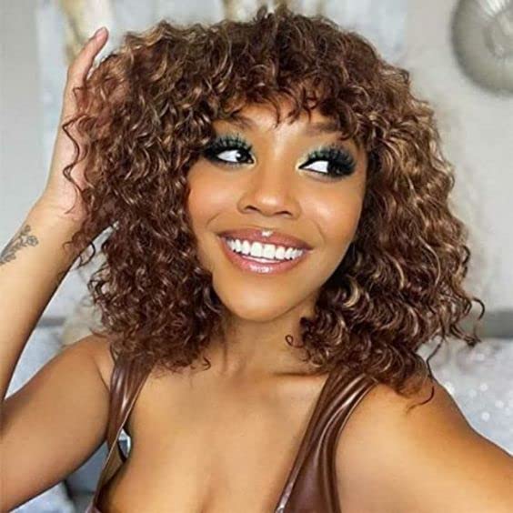 Fashion Idol Short Curly Human-Hair with Bangs 12 Inch Jerry Curl Bob Wigs Brazilian Virgin Human Hair None Lace Front for Black Women Machine Made Black Ombre Brown Wigs