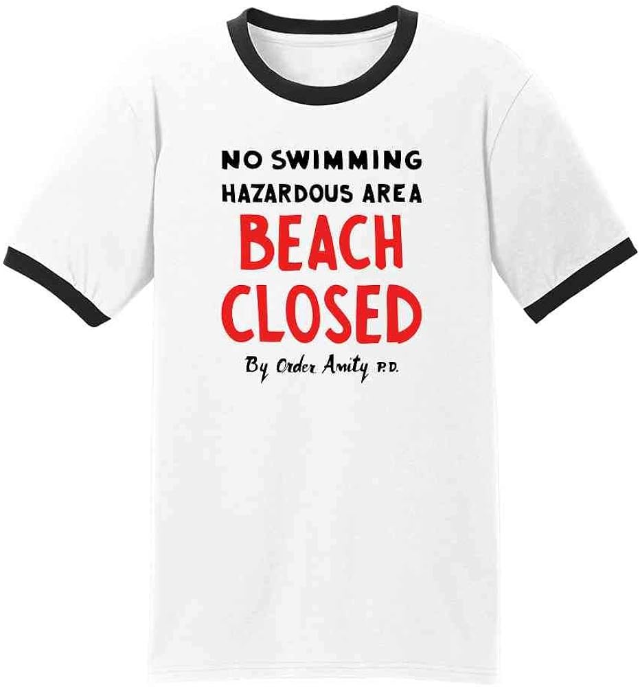 Beach Closed No Swimming Amity PD Shark Warning Graphic Tee Ringer T-Shirt