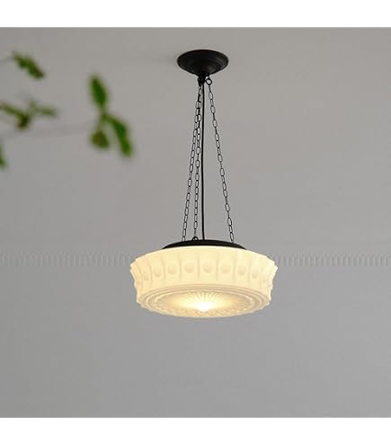 Vintage Brass Milk Glass Pendant Light - 13.8" White Pleated Shade, Adjustable Chain, Includes E26 Bulb For Kitchen Island, Dining Room