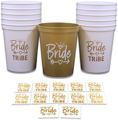 Bachelorette Party Supplies Cups Set Bride and Bride Tribe 11 Pack White & Metallic Gold 16oz Stadium Cups with BONUS TEMPORARY TATTOOS SET by Funny Bone Products