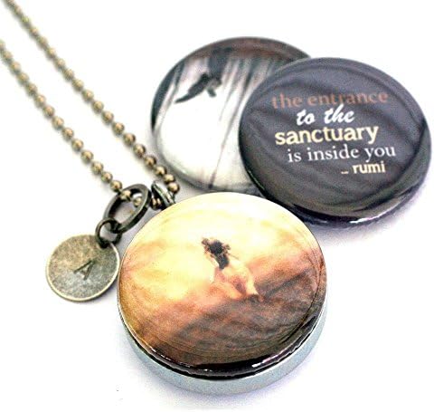 Locket Necklace with 3 Magnetic Interchangeable Lids - Sanctuary Artwork and Rumi Quote - Custom Hand Stamped Initial - Holds a Picture Inside
